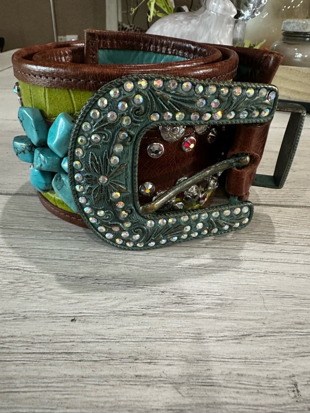 Turquoise & Brown Western-Style Women's Belt with Embellished Buckle